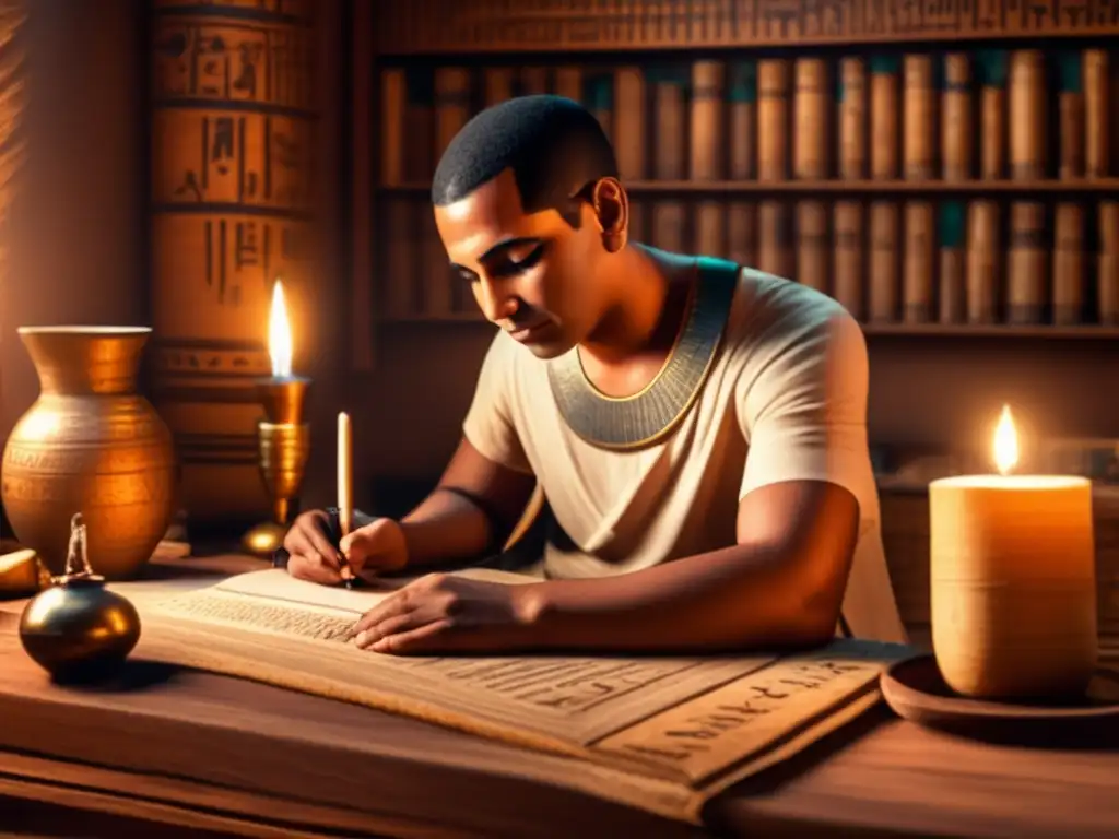 Evolución soportes escritura Egipto: Un scribe egipcio antiguo en una habitación iluminada por una lámpara de aceite, inscribe hieroglíficos en un pergamino con una pluma de caña sumergida en tinta