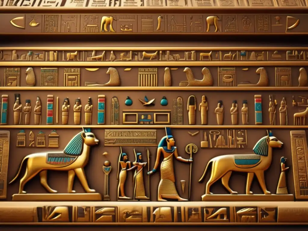 Sumérgete en la magia de los Textos de Sarcófagos, admirando un sarcófago egipcio antiguo con jeroglíficos y símbolos intrincados