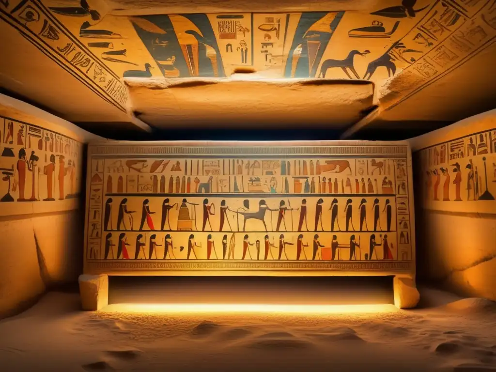 Sumérgete en la majestuosidad de una antigua cámara funeraria egipcia, llena de textos funerarios y símbolos enigmáticos