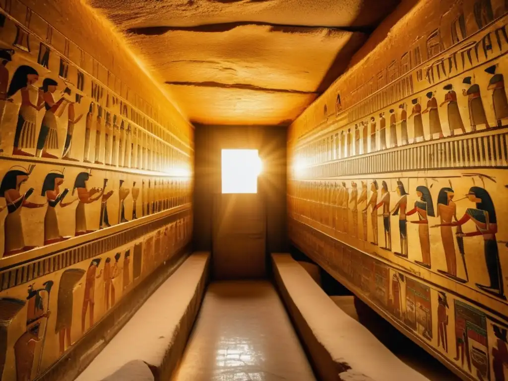Sumérgete en los misterios de la tumba de Tutankamón, donde la luz dorada ilumina los detalles de la cámara funeraria