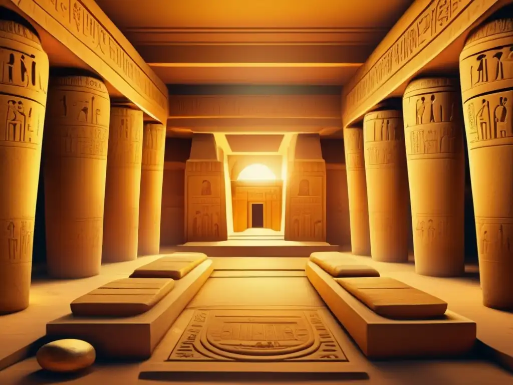 Sumérgete en los secretos de la arquitectura hipogeos de Egipto, con paredes de piedra talladas y misteriosos jeroglíficos