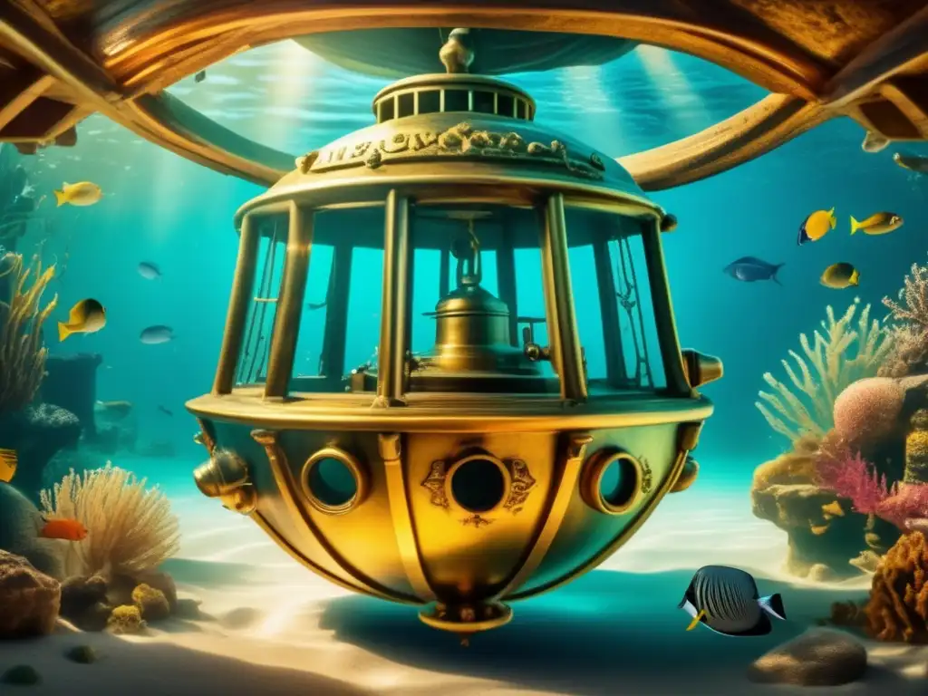 Sumergido en el Mediterráneo, un antiguo campanario de buceo de latón muestra reliquias sumergidas de Egipto, rodeado de vida marina vibrante
