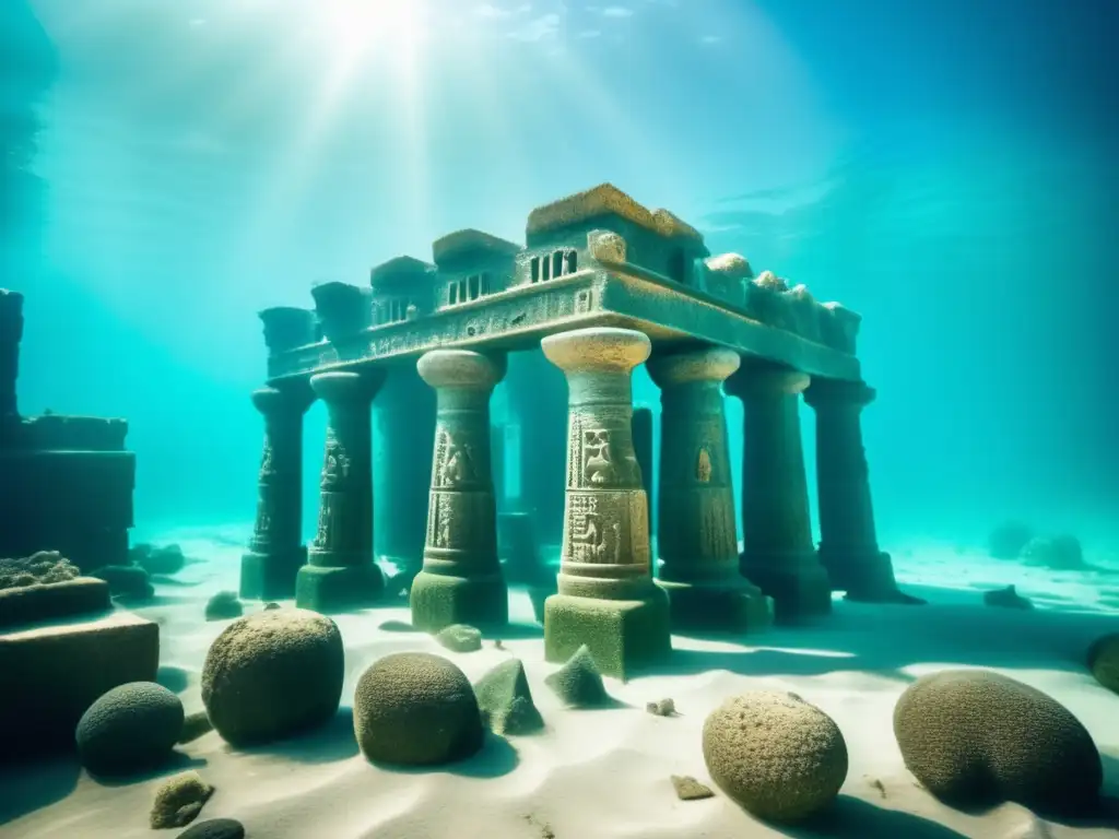 Sumergidos en la belleza del pasado: Templos sumergidos de Heracleion en aguas turquesas, donde la luz juega con las sombras y la vida marina revive la escena