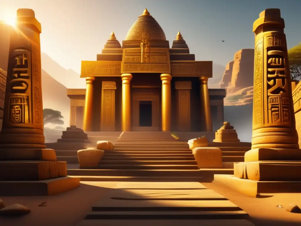 Suntuoso templo sagrado bañado en luz dorada, con jeroglíficos y símbolos antiguos