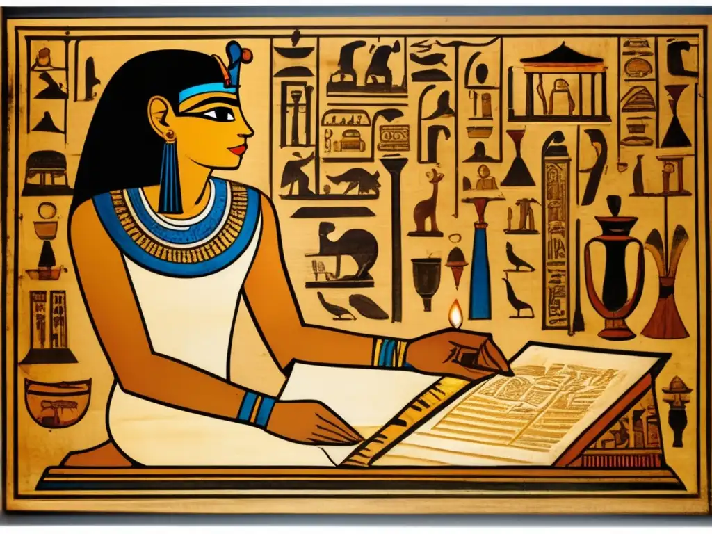Un sutil y detallado retrato vintage de un antiguo escriba egipcio inscribiendo delicadamente jeroglíficos en un rollo de papiro