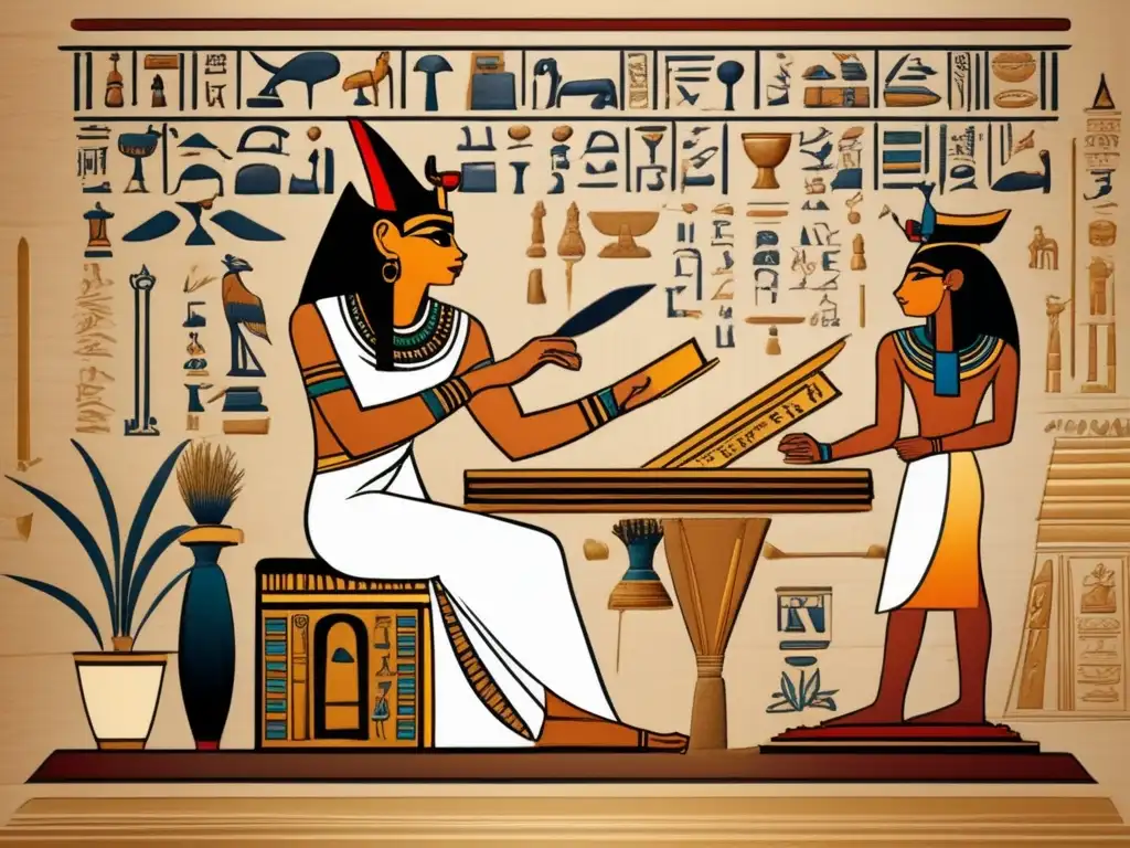 Sutil luz vintage ilumina a un antiguo escriba egipcio en una habitación llena de artefactos, mientras transcribe jeroglíficos en un pergamino