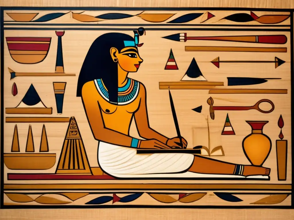 Un sutil resplandor de velas ilumina la escena, donde un antiguo escriba egipcio meticulosamente escribe jeroglíficos en papiro