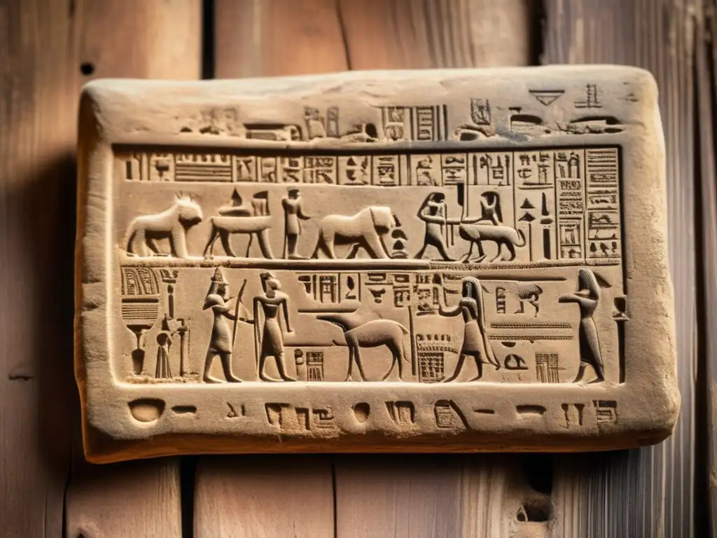 Tableta de arcilla vintage con jeroglíficos egipcios en evolución religiosa, cubierta de polvo, en una mesa de madera desgastada