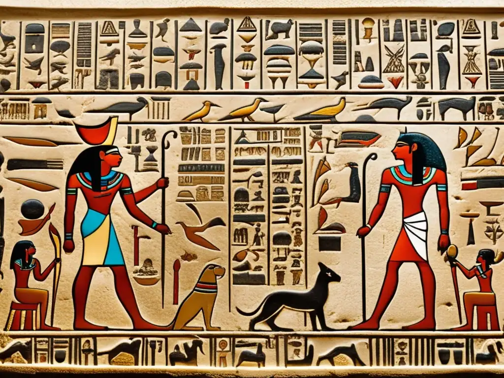 Tableta egipcia antigua con detallados jeroglíficos, representando escenas y símbolos mitológicos