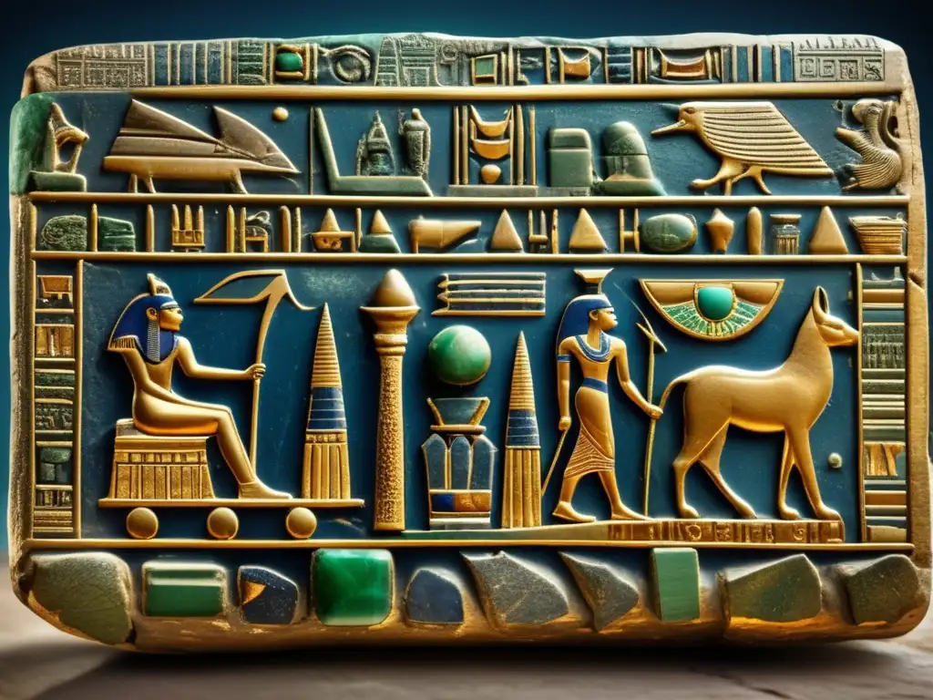 Tableta egipcia antigua con detallados grabados de minerales y metales para la curación egipcia
