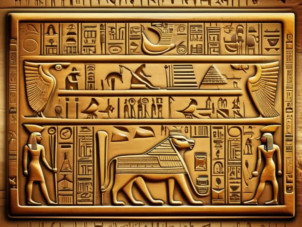 Una tableta egipcia antigua con jeroglíficos intrincados y simbólicos, que muestra la importancia de la escritura contemporánea