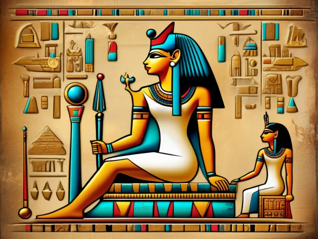 Tableta egipcia antigua con la misteriosa Reina Merneith, joyas y tocado real, sentada en un trono magnífico