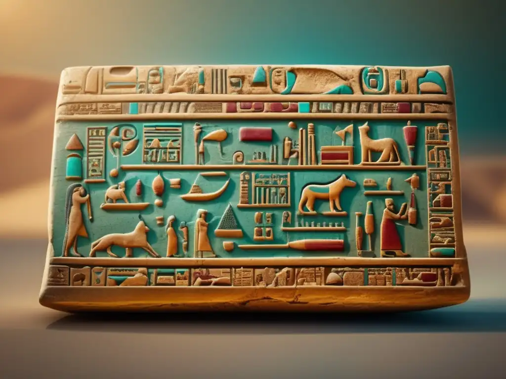 Una tableta egipcia jeroglífica antigua, detallada en 8k, muestra el origen y relación del alfabeto egipcio