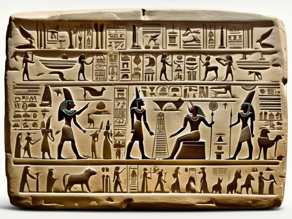 Una tableta egipcia de jeroglíficos antigua, con símbolos místicos y figuras divinas