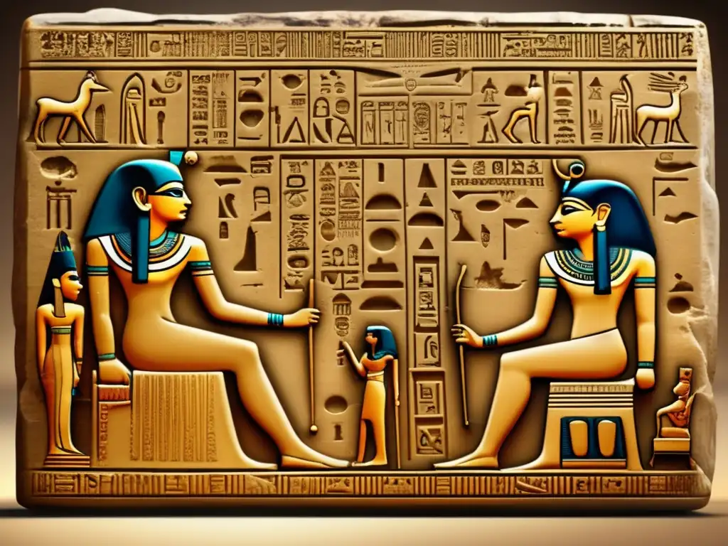 Una tableta egipcia vintage con jeroglíficos muestra el simbolismo en la autoridad faraónica
