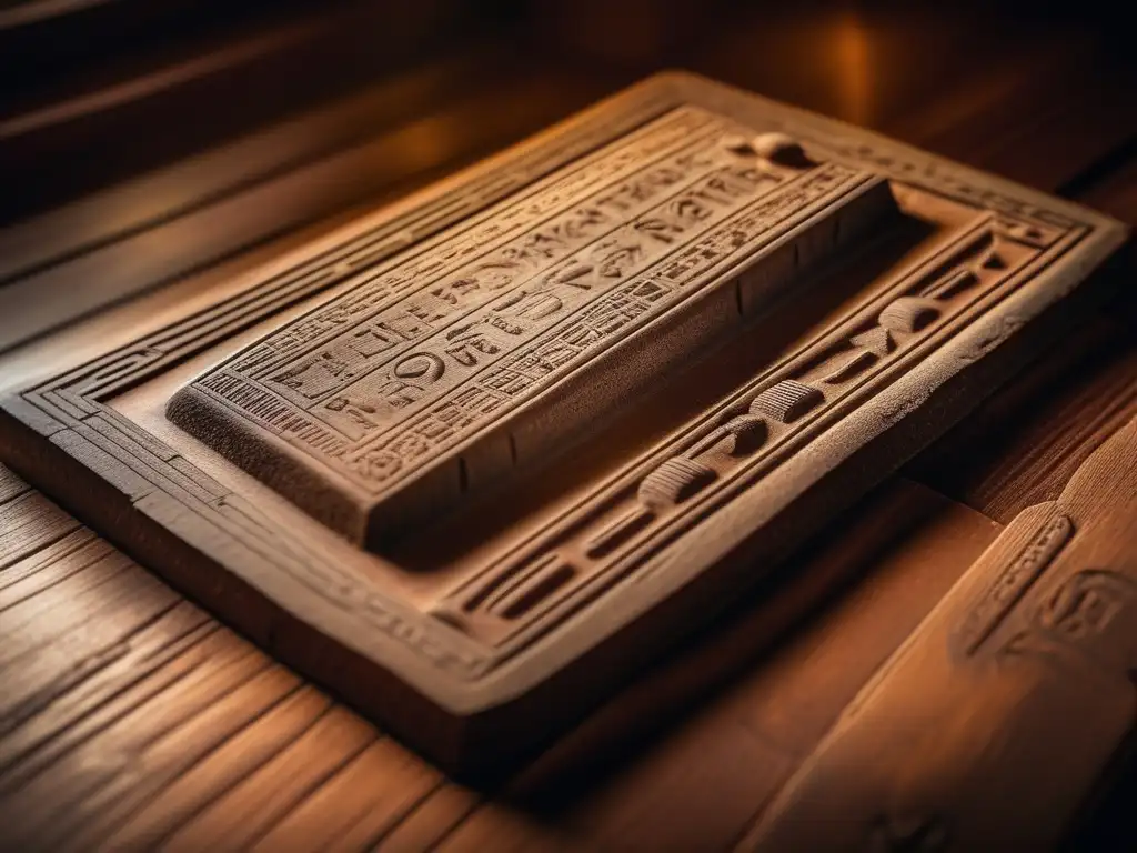 Una tableta jeroglífica antigua, bellamente preservada, reposa delicadamente sobre una superficie de madera desgastada