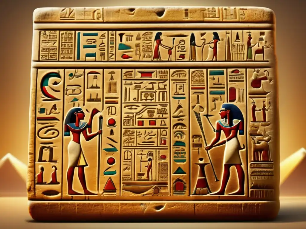 Una tableta jeroglífica egipcia antigua con intrincados grabados y símbolos