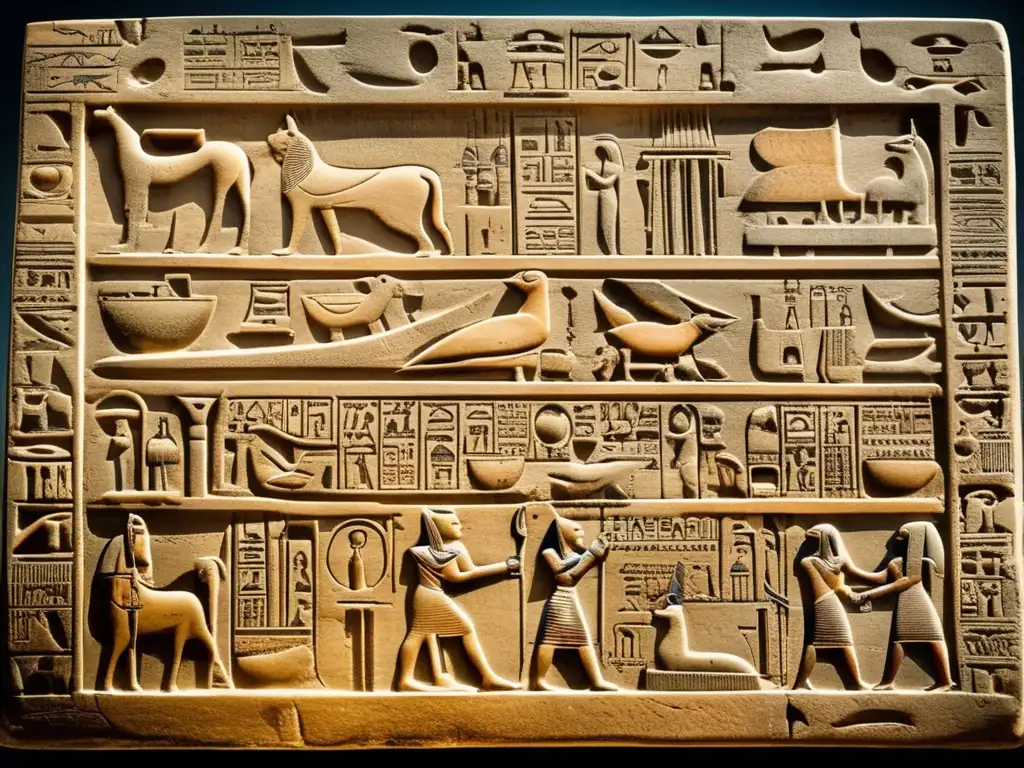Tableta de jeroglíficos egipcios antiguos, revelando formas simbólicas y detalladas que representan el significado de la escritura milenaria
