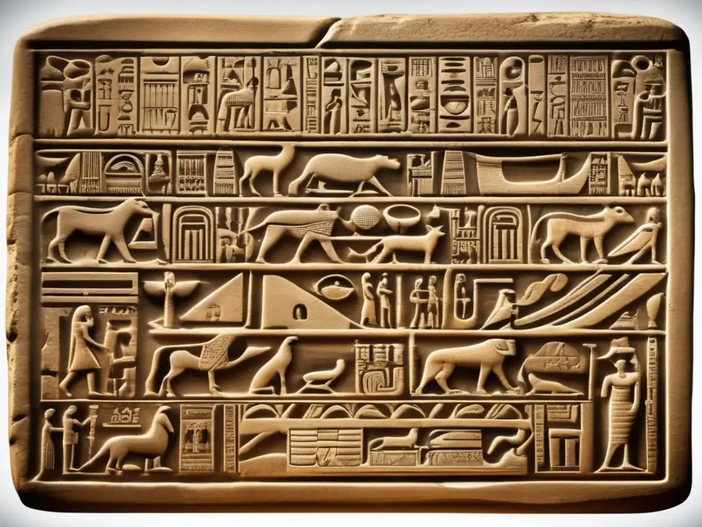 Una tableta de piedra antigua con jeroglíficos y estructura gramatical del idioma antiguo egipcio