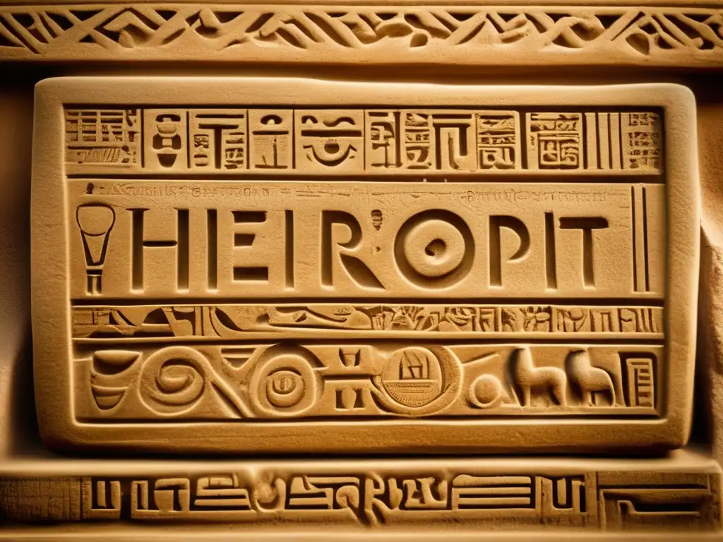 Una tableta de piedra antigua, tallada y desgastada, con jeroglíficos detallados
