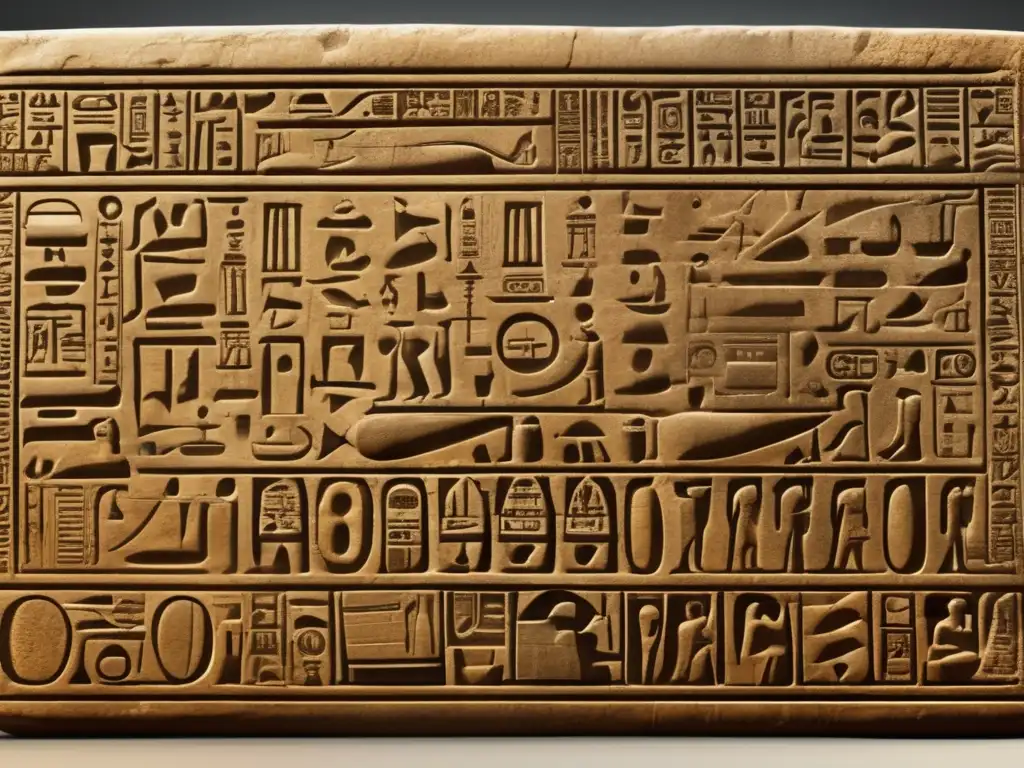 Una tableta de piedra antigua, tallada con intrincados jeroglíficos egipcios que representan complejidad matemática en textos egipcios
