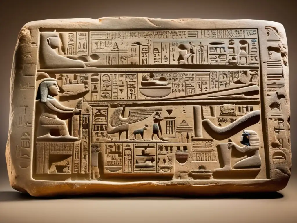 Una tableta de piedra tallada con delicadeza que muestra los primeros rastros de la escritura jeroglífica egipcia
