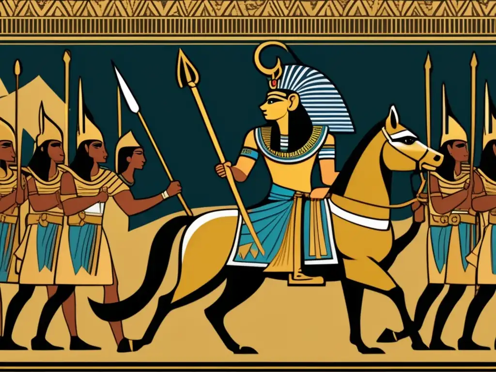 Táctica militar en el Antiguo Egipto: Un faraón lidera a su ejército en una batalla épica, rodeado de opulencia y poder