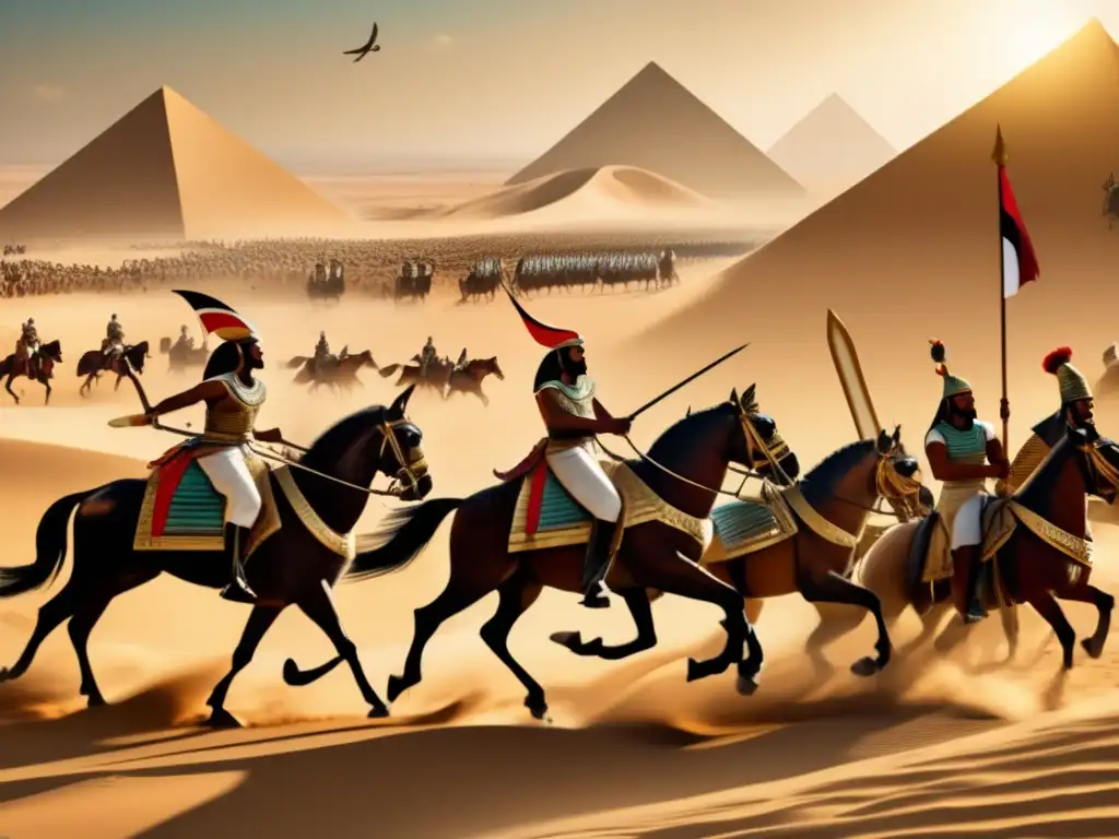 Tácticas militares egipcias: caballería y carros en una escena estratégica en el antiguo Egipto, con paisaje desértico y batalla intensa