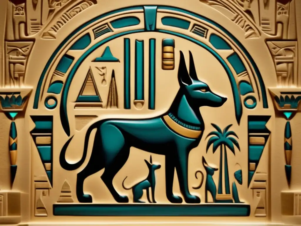 Una talla detallada de jeroglíficos muestra a Anubis, dios egipcio del más allá, en su forma icónica de cabeza de chacal