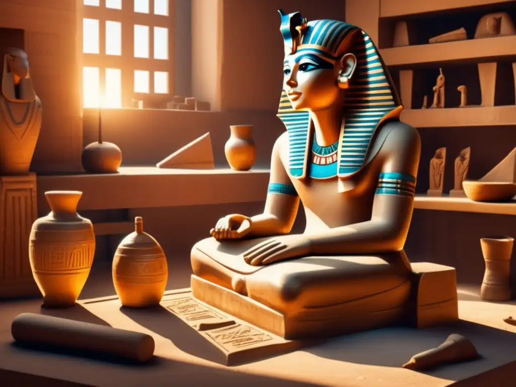 En un taller antiguo, un escultor egipcio talla con esmero una estatua de un faraón