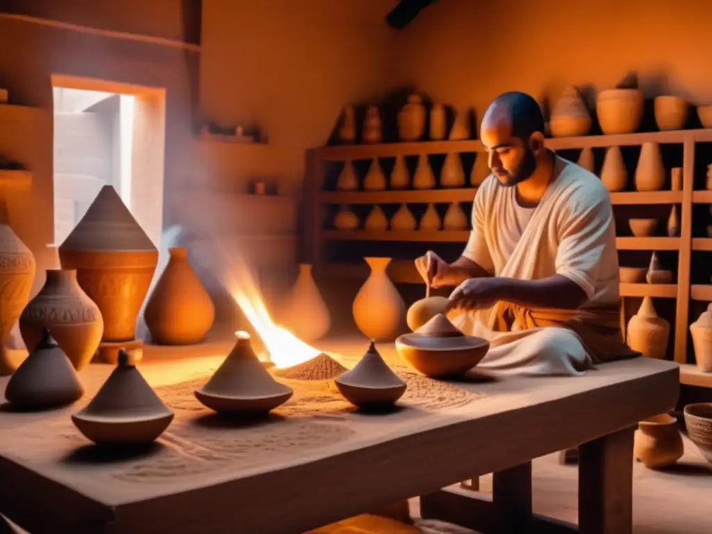 Un taller egipcio antiguo lleno de artesanos creando conos de aroma