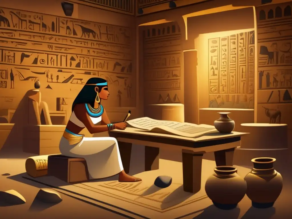 Un taller de escribas egipcios en pleno auge, destacando la importancia de los escribas en la antigua civilización