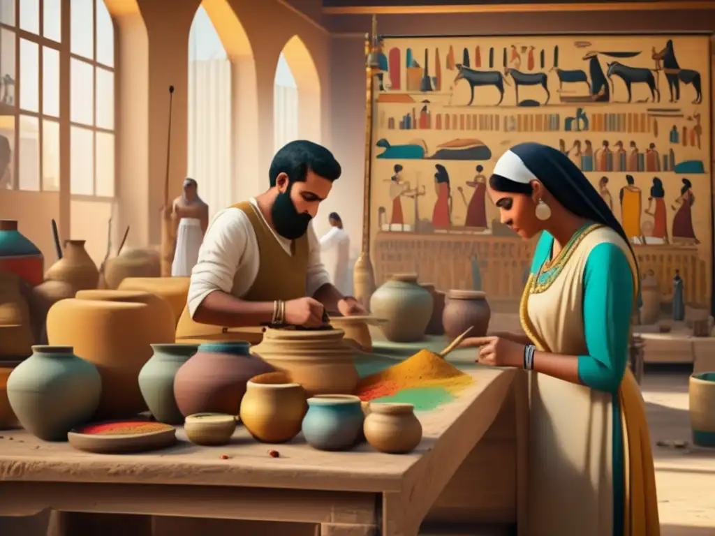 Un taller de pintura egipcia antigua, vibrante y lleno de actividad