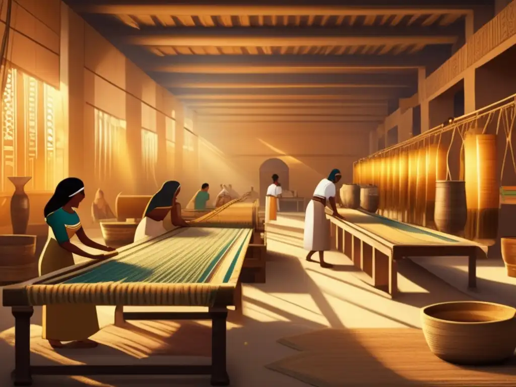 Talleres textiles en la antigua economía egipcia: tejedores crean patrones intrincados en vibrantes telas bajo cálida iluminación dorada