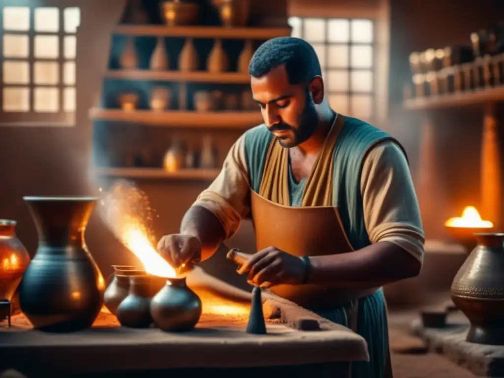 Técnicas antiguas del arte del vidrio egipcio: Un maestro vidriero egipcio trabaja con habilidad en un taller lleno de coloridos vasos y figuras de vidrio, bajo la suave luz que se filtra por las pequeñas ventanas