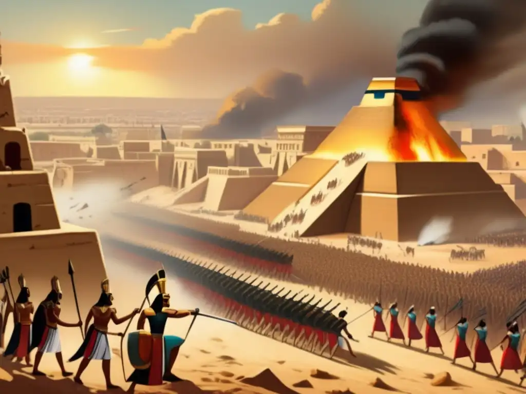 Técnicas de asedio en el Antiguo Egipto: caos y intensidad en una ilustración vintage que muestra armas y ataques a una ciudad amurallada