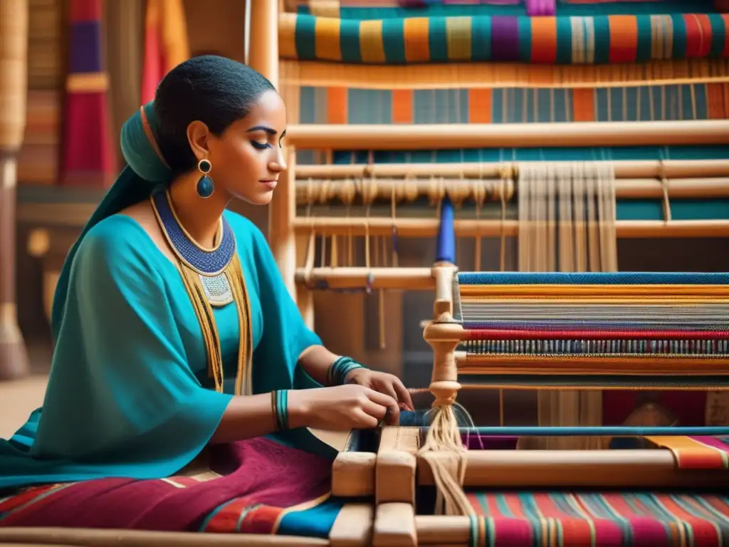 Técnicas de confección textil en el Antiguo Egipto: un tejedor egipcio antiguo sentado en un telar, rodeado de colores vibrantes y textiles