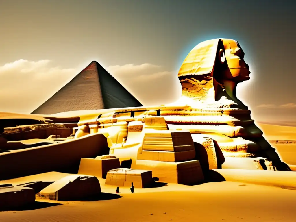 Técnicas de construcción de la Esfinge resaltan en esta imagen vintage, mostrando su majestuosidad y presencia en el desierto