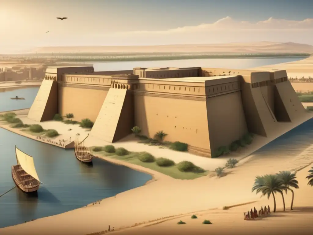 Técnicas defensa fortificaciones Antiguo Egipto: Una imagen de alta resolución de un dibujo vintage muestra las majestuosas Fortificaciones del Nilo