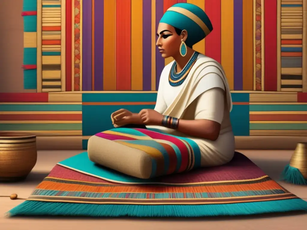 Un tejedor egipcio antiguo en un taller vibrante, creando textiles con destreza