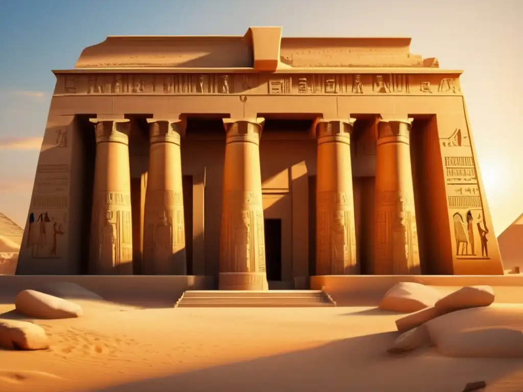 Un templo antiguo egipcio bañado en la cálida luz dorada del atardecer
