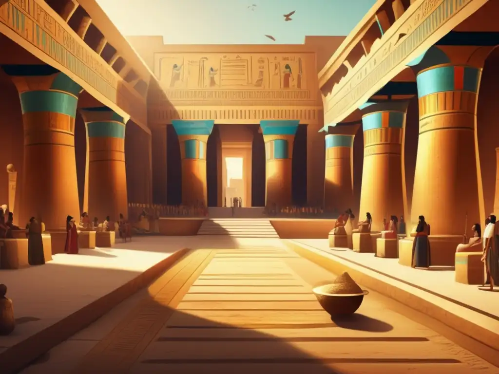 Majestuoso templo egipcio antiguo: Faraones en rituales de adoración Un templo antiguo egipcio con faraones como intermediarios entre los dioses, ofreciendo rituales sagrados y misticismo en el papel de adoradores