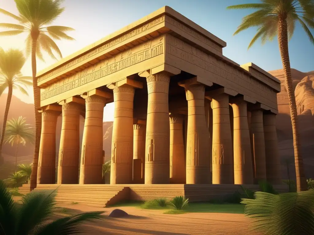 Un templo antiguo egipcio se alza majestuoso en un valle verde exuberante