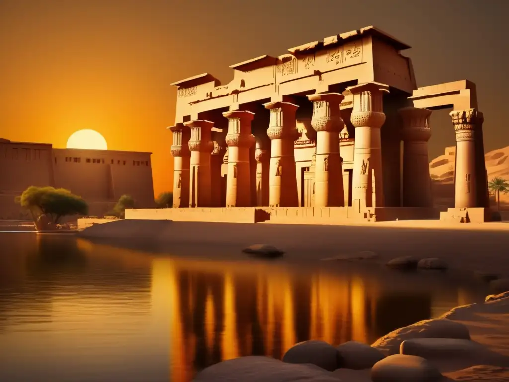 Templo de Filae: Belleza etérea de la religión egipcia antigua, con tonos dorados y atmósfera mística al atardecer en el Nilo