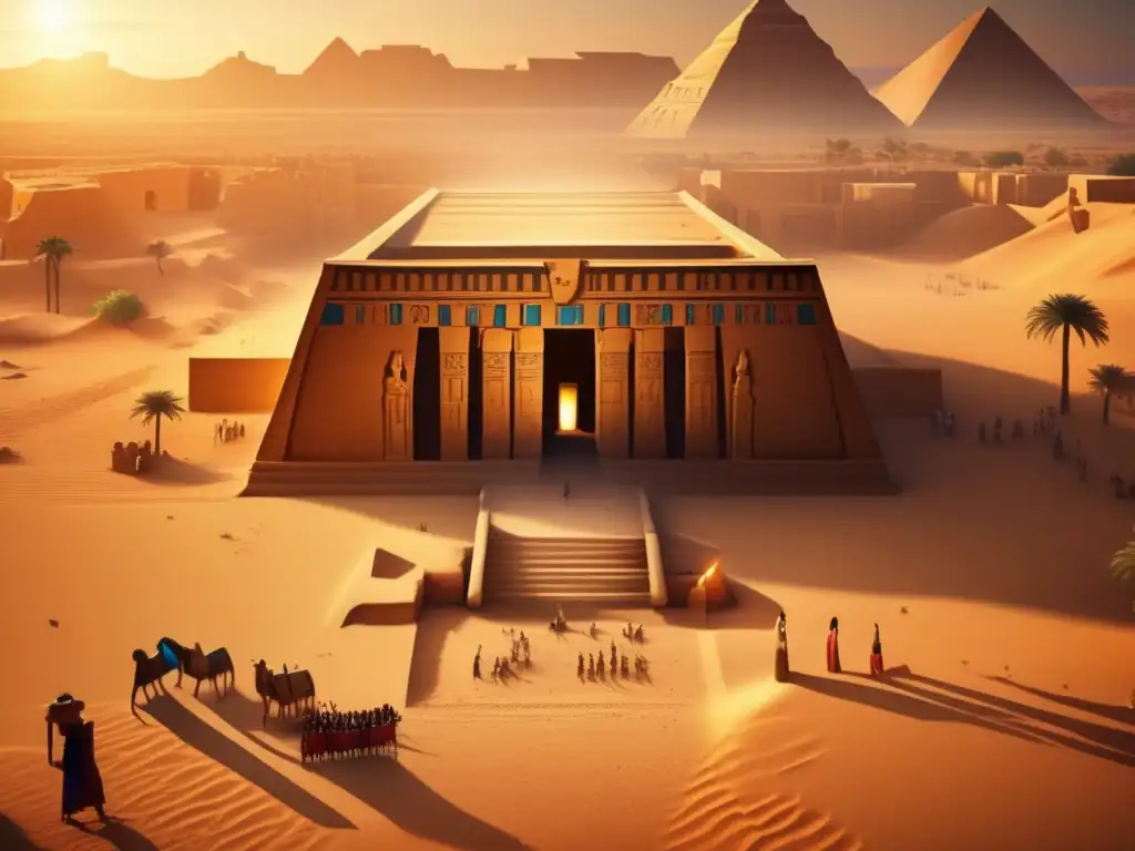 Un templo egipcio antiguo al atardecer, bañado en un cálido resplandor dorado