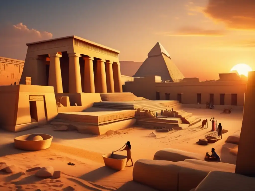 Un templo egipcio antiguo al atardecer, iluminado por el cálido resplandor dorado del sol poniente