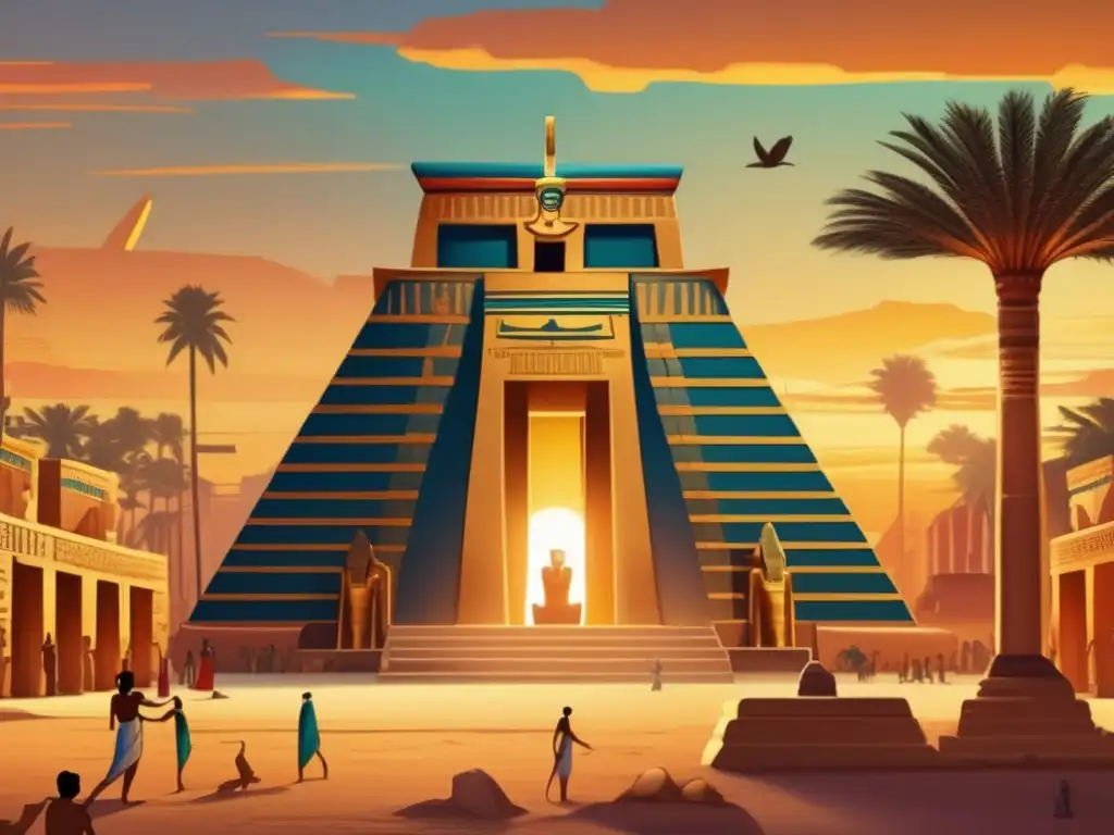 Un templo egipcio antiguo al atardecer, bañado en luz dorada