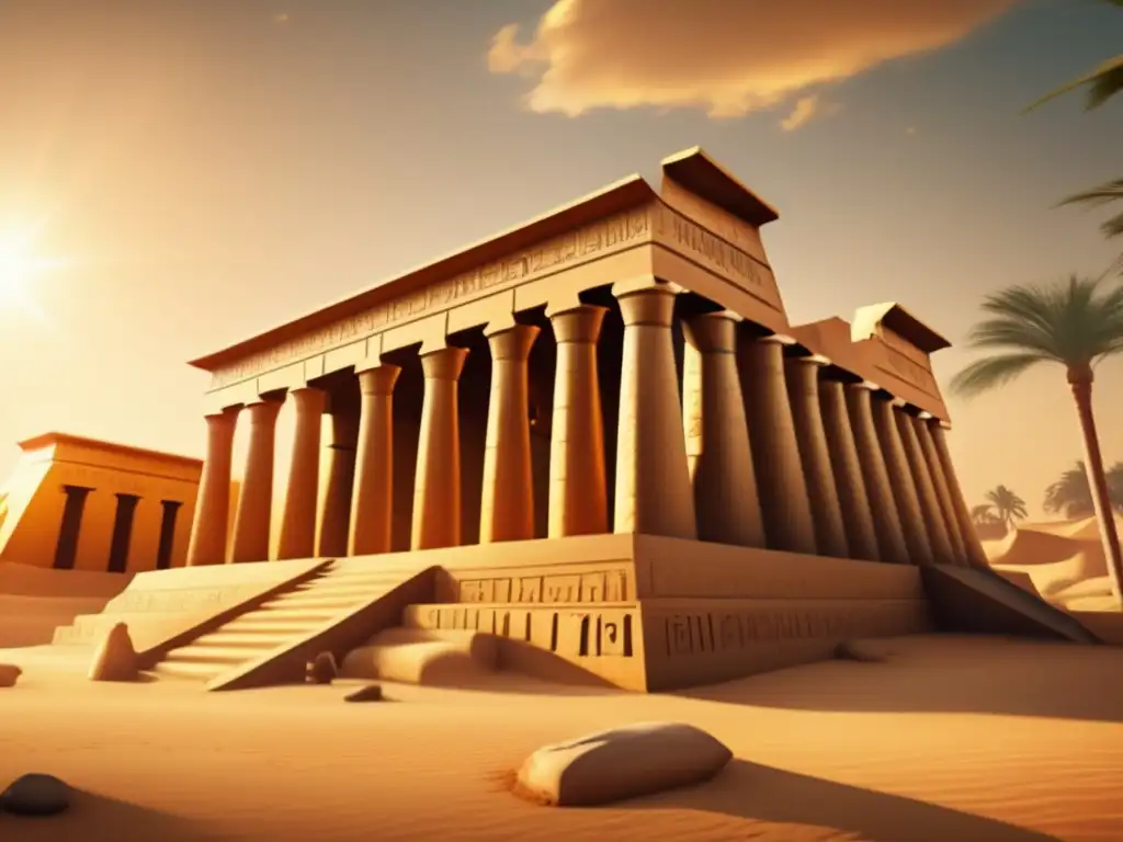 Un templo egipcio antiguo bañado en luz dorada, con jeroglíficos intrincados que cuentan historias de dioses y faraones