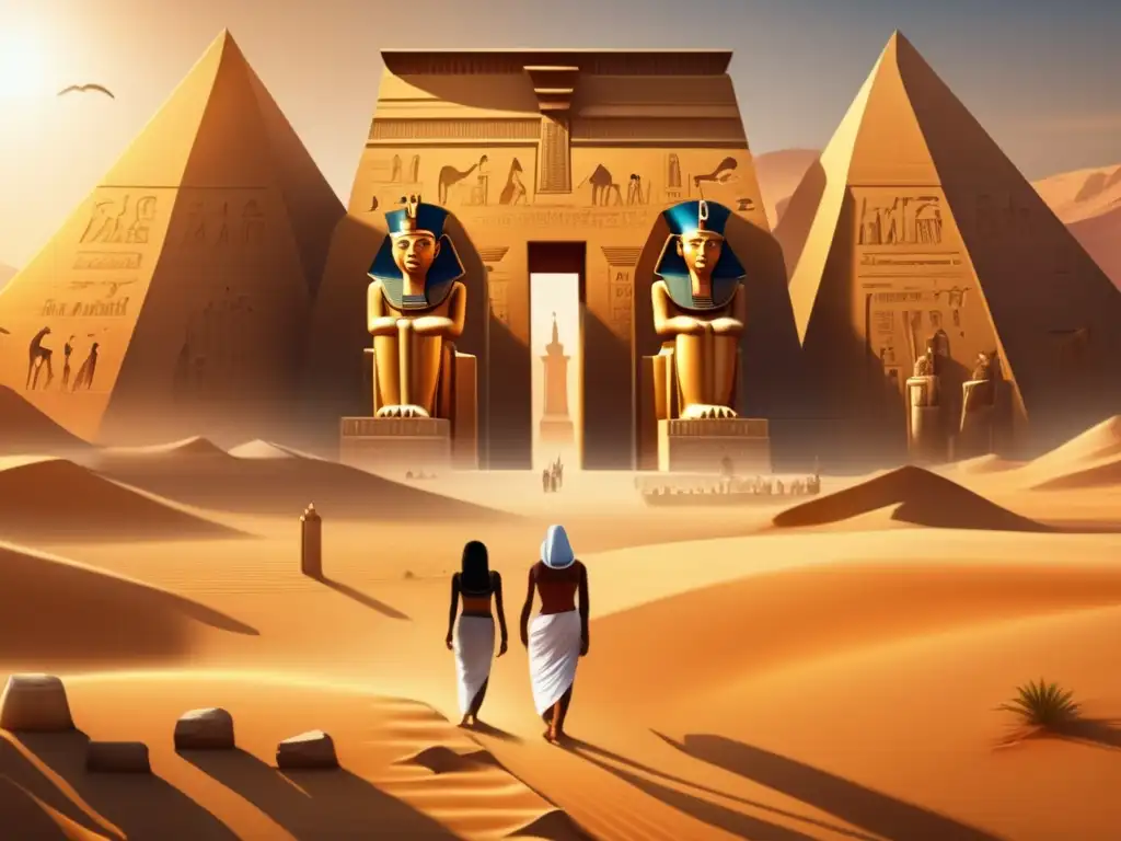 Un templo egipcio antiguo bañado en cálida luz dorada destaca en el centro, rodeado de jeroglíficos y estatuas de faraones