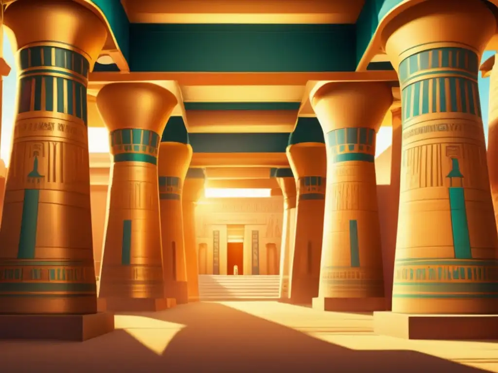 Un templo egipcio antiguo bañado en una cálida luz dorada